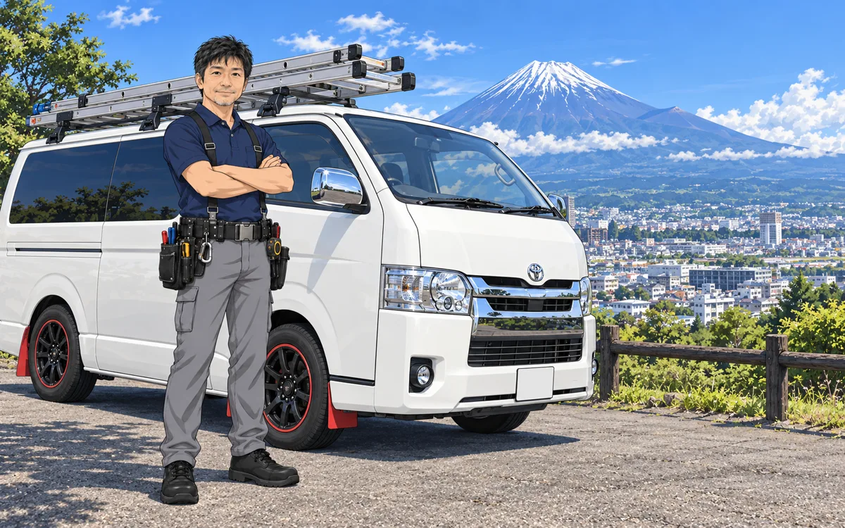 富士山を背景に、作業車の前で笑顔のひでさん
