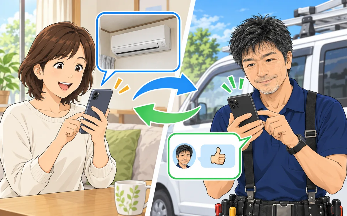 お問い合わせから工事までの流れ（業務用エアコン）の挿絵